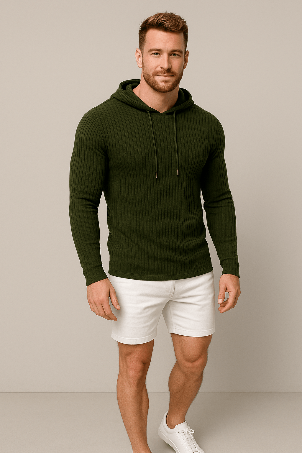 Men's Slim Fit Ribbed Knit Hoodie with Drawstring - Comfortable Casual Wear for Everyday Style Green