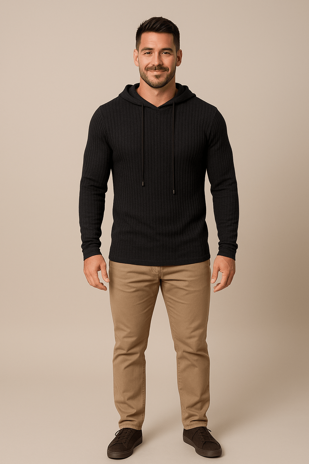 Men's Slim Fit Ribbed Knit Hoodie with Drawstring - Comfortable Casual Wear for Everyday Style Black
