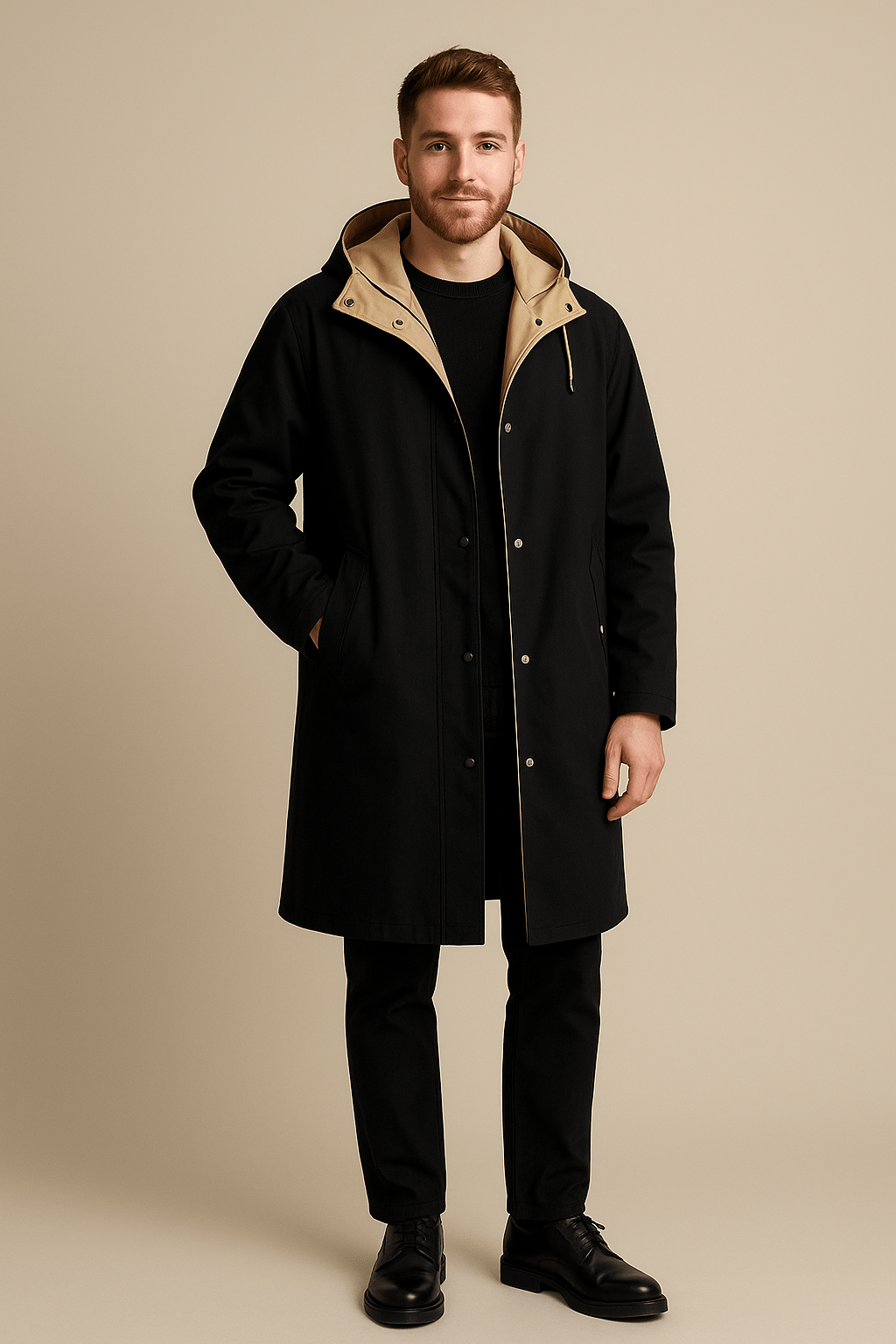 Men's Two-Tone Hooded Long-Line Coat - Relaxed Fit, Stylish Outerwear for Casual Wear Black