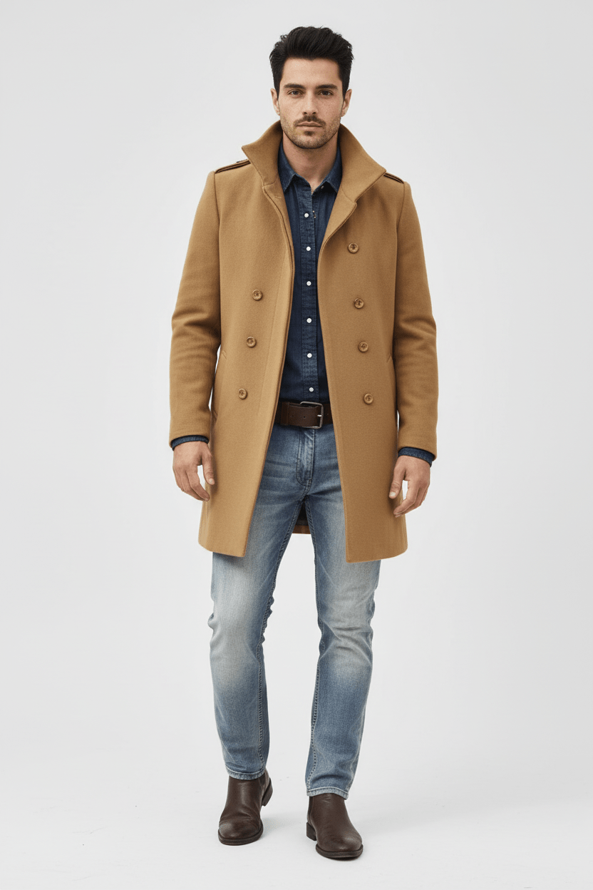 Men's Wool Trench Coat - Tailored Fit, Classic Design for Formal and Casual Wear Camel