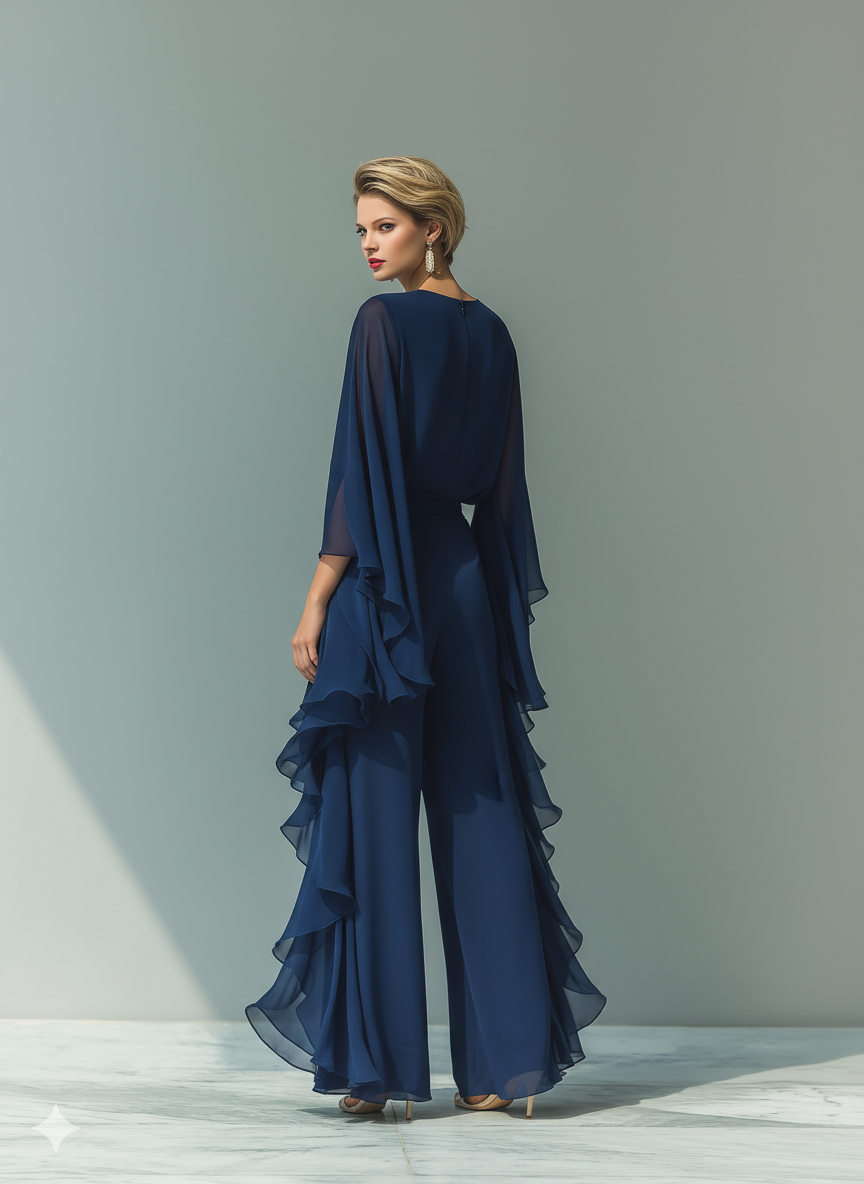 Navy Blue Chiffon Flared Sleeve Top and Straight-Leg Trouser Set for Women