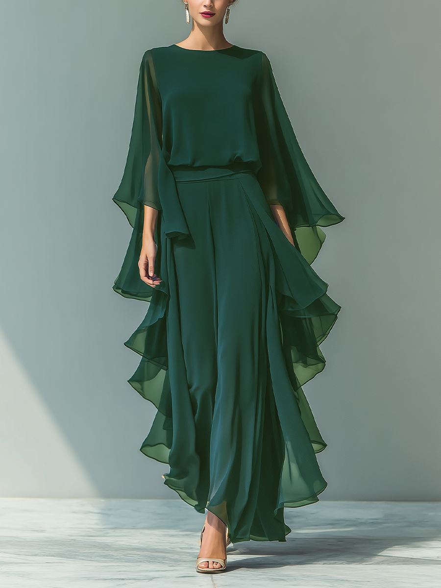Navy Blue Chiffon Flared Sleeve Top and Straight-Leg Trouser Set for Women