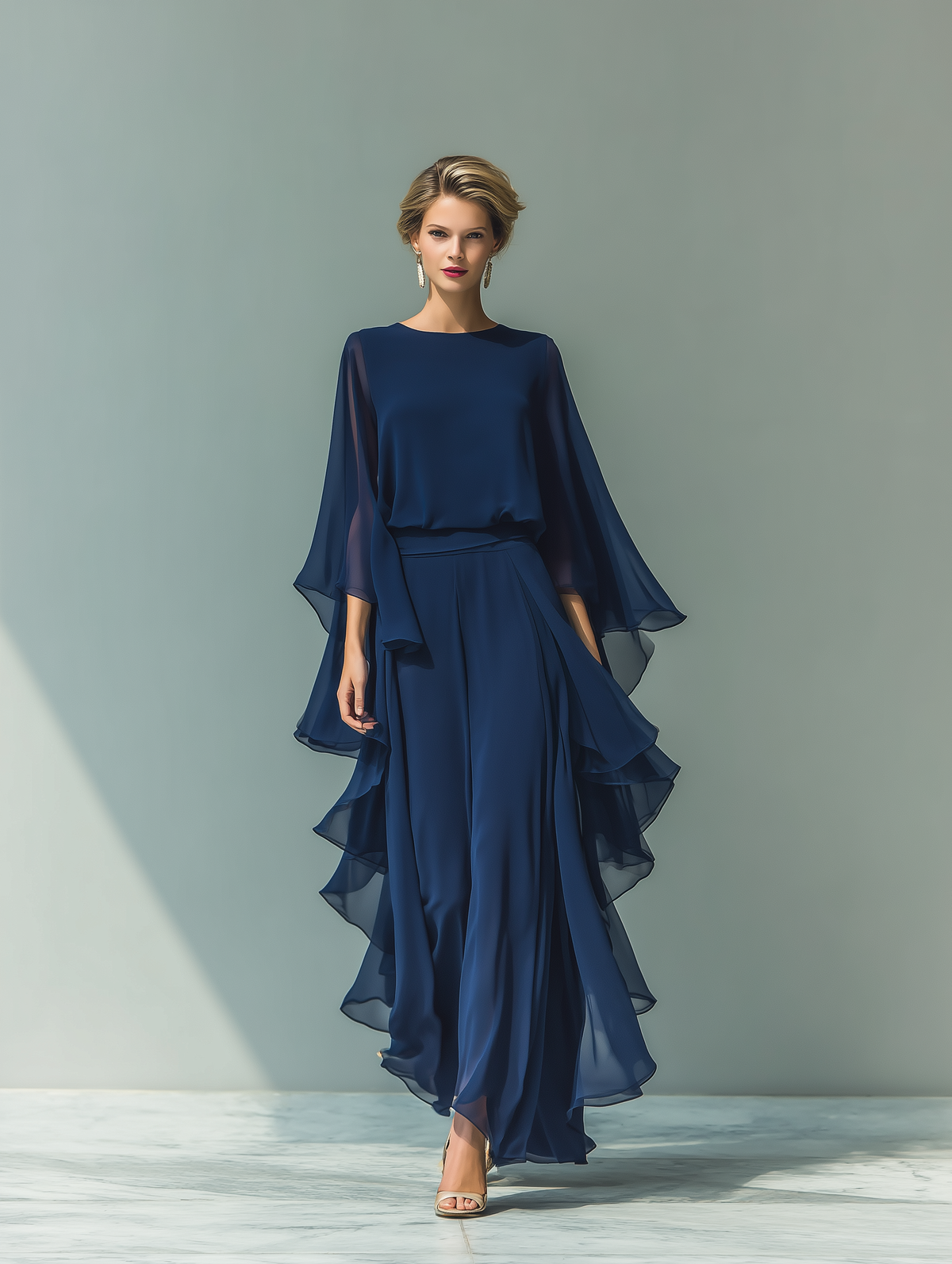 Navy Blue Chiffon Flared Sleeve Top and Straight-Leg Trouser Set for Women