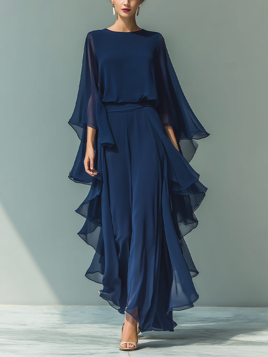 Navy Blue Chiffon Flared Sleeve Top and Straight-Leg Trouser Set for Women