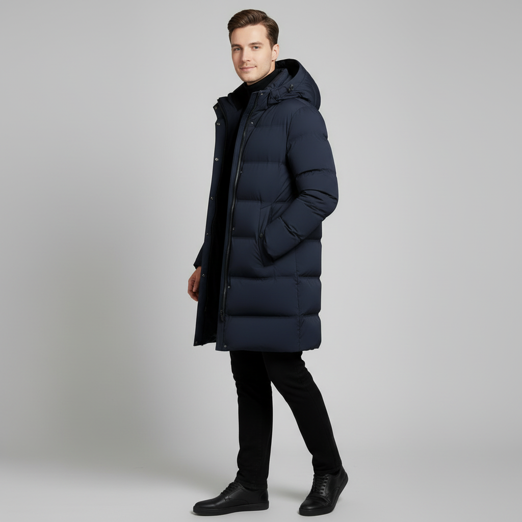 Navy Long Puffer Parka for Men - Insulated Winter Jacket with Hood for Cold Weather Protection