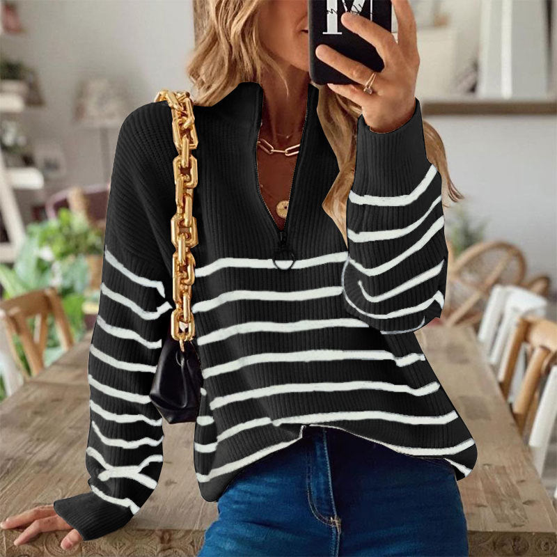 Women's Striped Ribbed Jumper with Zip Neckline – Casual Wear, Everyday Style