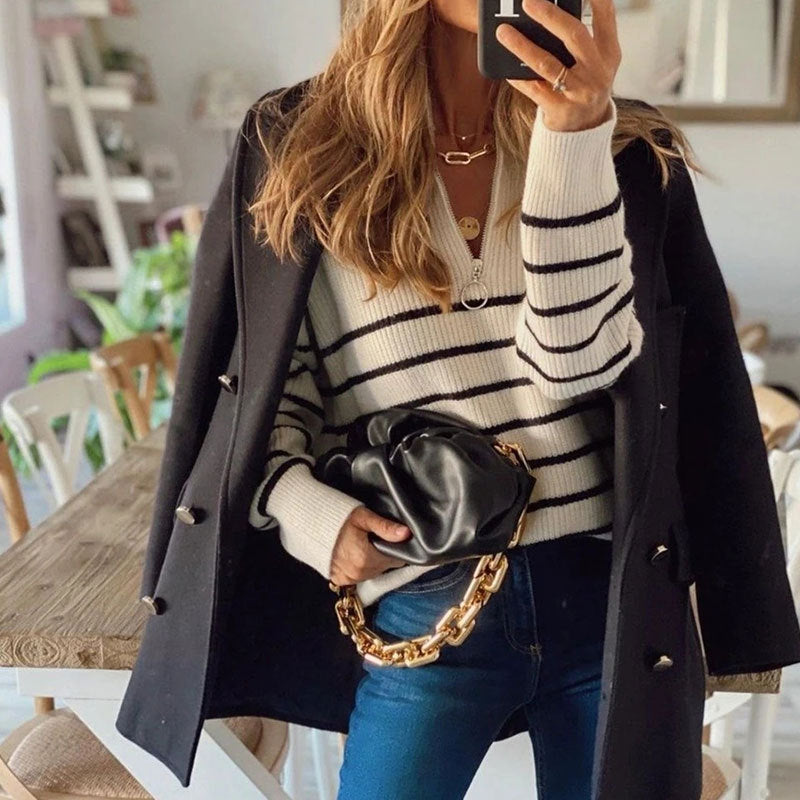 Women's Striped Ribbed Jumper with Zip Neckline – Casual Wear, Everyday Style