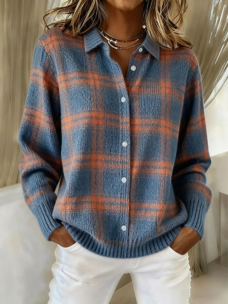 Knitted Blouse With Check Pattern – Casual Wear, Office Style