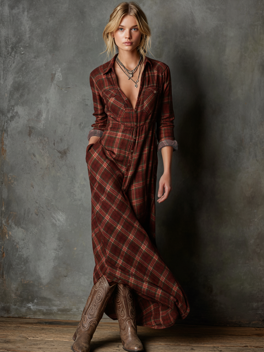 Plaid Maxi Dress with Lapel Collar - Women's Single-Breasted Shirt Style