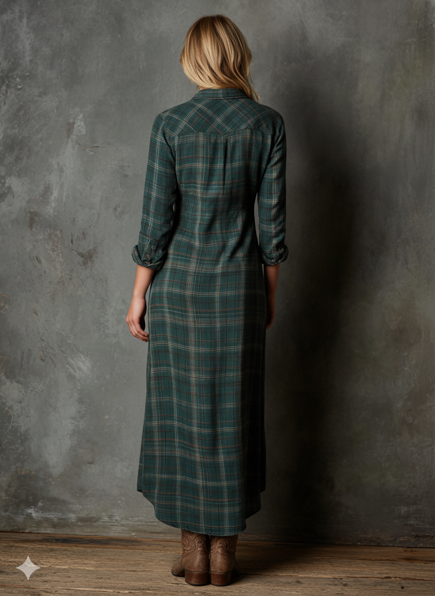 Plaid Maxi Dress with Lapel Collar - Women's Single-Breasted Shirt Style