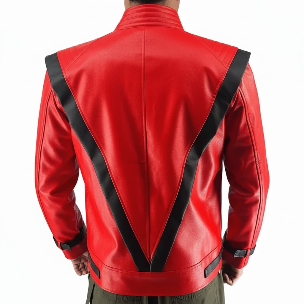 Red leather jacket with black accents on a white background