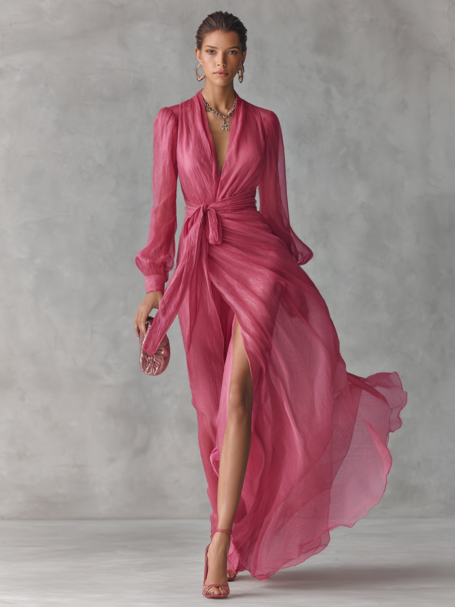 Rose Pink Chiffon V-Neck Long Dress with Tie-Waist for Women