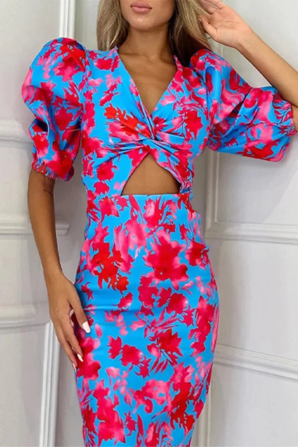 Turquoise Blue Puff Sleeve Midi Dress for Women UK – Wedding Guest Cocktail Dress & Formal Attire