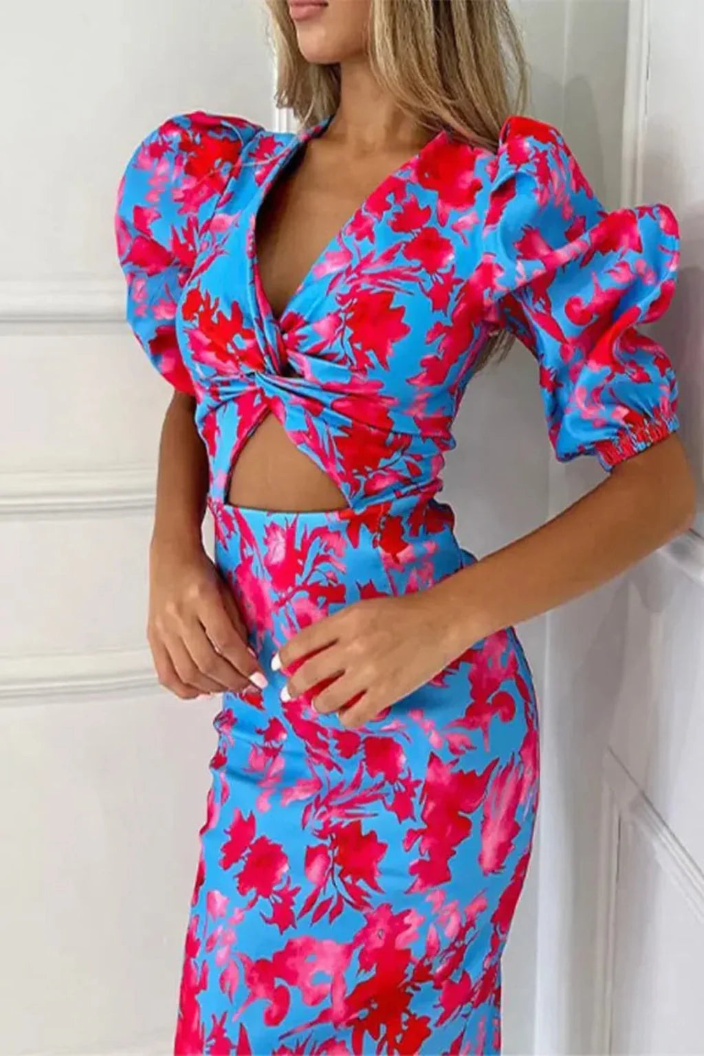 Turquoise Blue Puff Sleeve Midi Dress for Women UK – Wedding Guest Cocktail Dress & Formal Attire