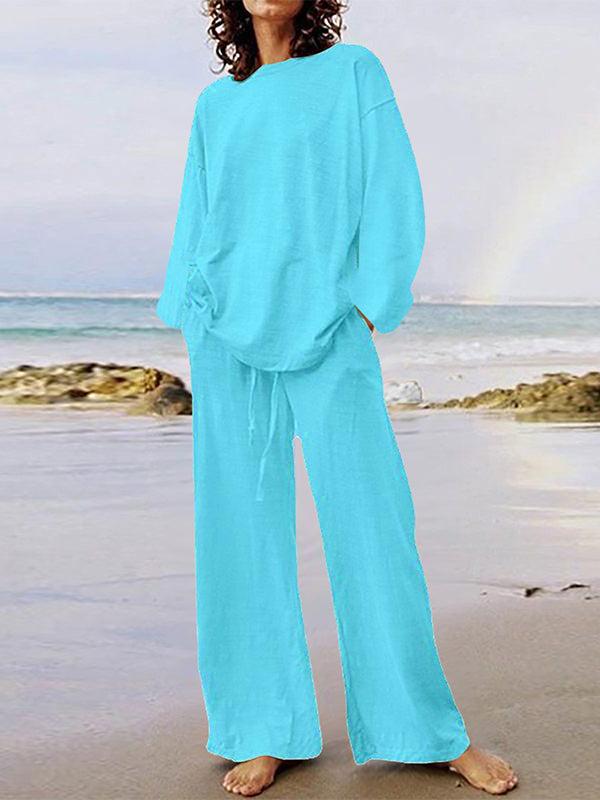 Solid Color Long Sleeve Shirt and Drawstring Pants Set for Casual Wear
