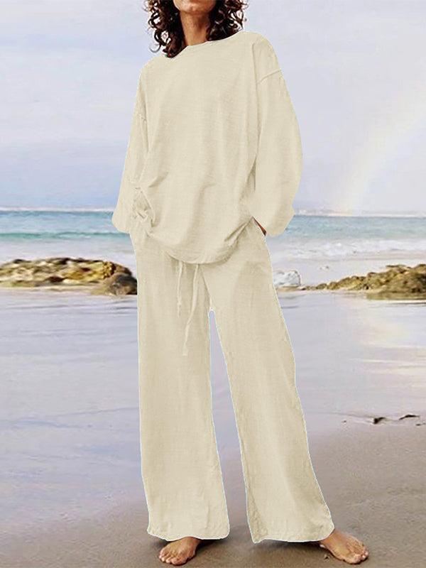 Solid Color Long Sleeve Shirt and Drawstring Pants Set for Casual Wear