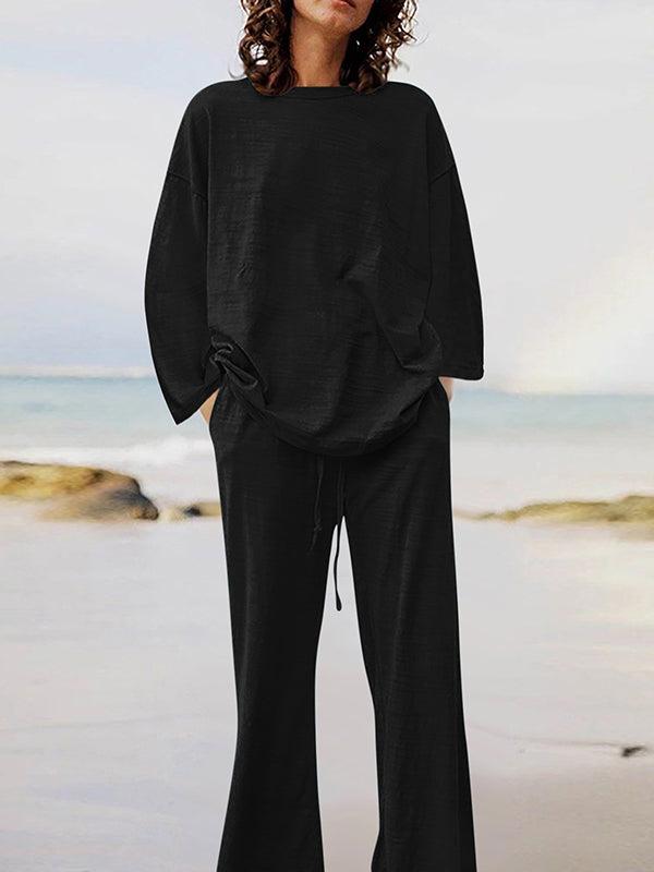 Solid Color Long Sleeve Shirt and Drawstring Pants Set for Casual Wear