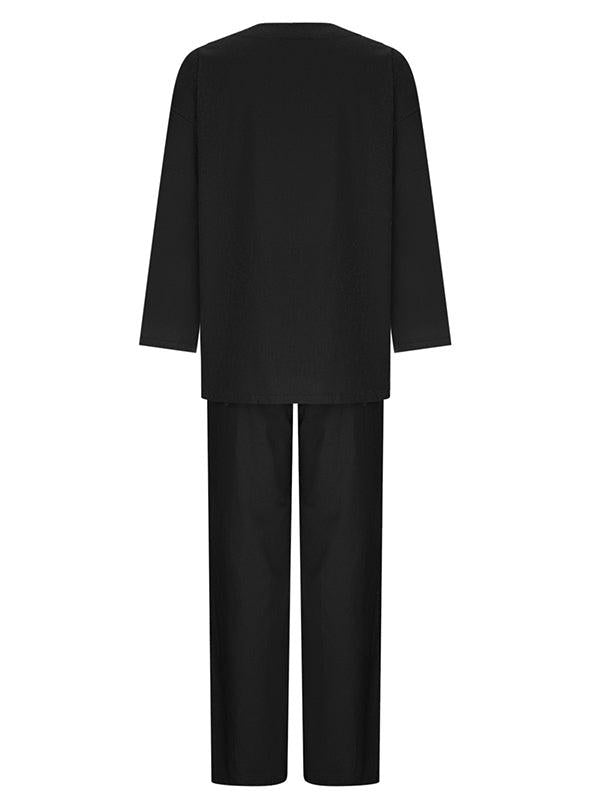 Solid Color Long Sleeve Shirt and Drawstring Pants Set for Casual Wear