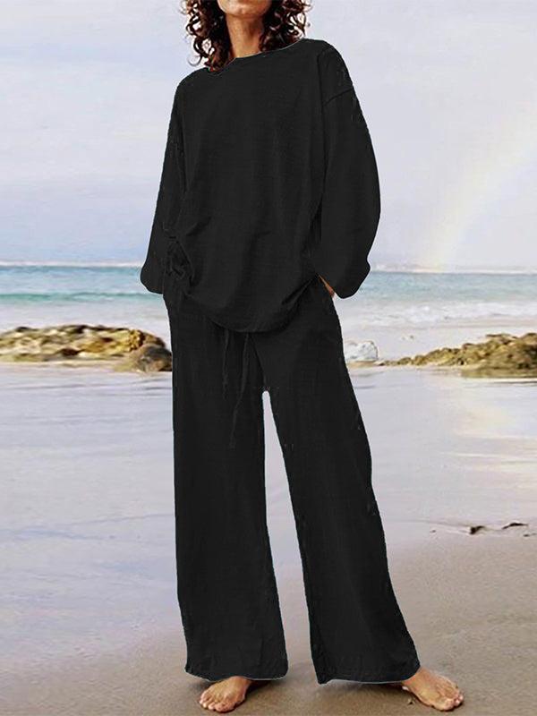 Solid Color Long Sleeve Shirt and Drawstring Pants Set for Casual Wear