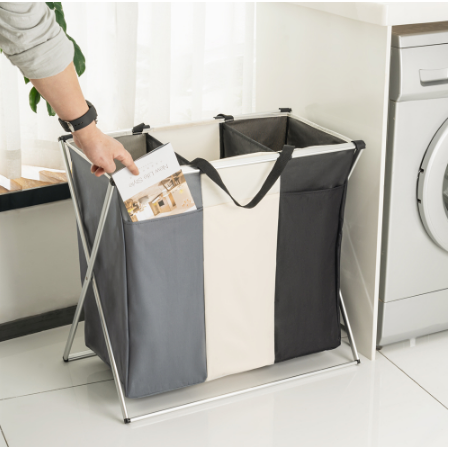 Triple Collapsible Laundry Basket with 3 Compartments, Aluminum Frame – Space-Saving, Home Organization