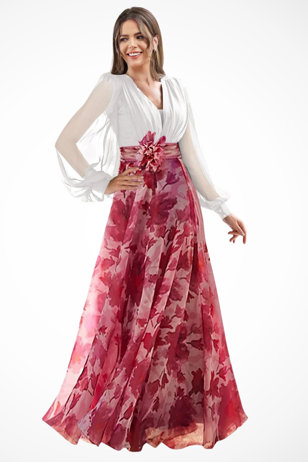 V Neck Floral Print Maxi Dress with Balloon Sleeves for Wedding Guests