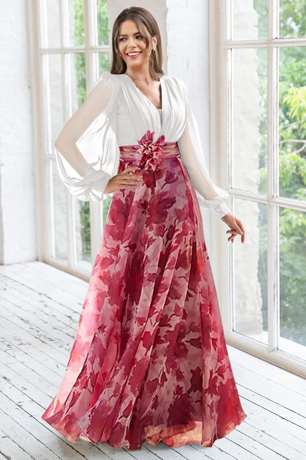 V Neck Floral Print Maxi Dress with Balloon Sleeves for Wedding Guests