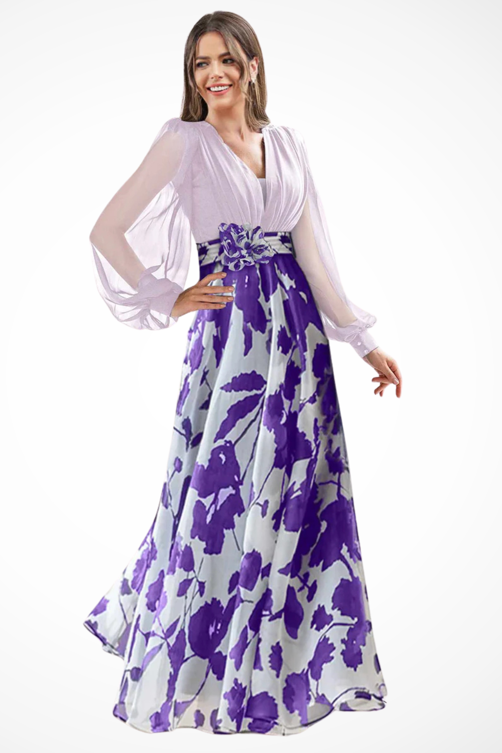 V Neck Floral Print Maxi Dress with Balloon Sleeves for Wedding Guests