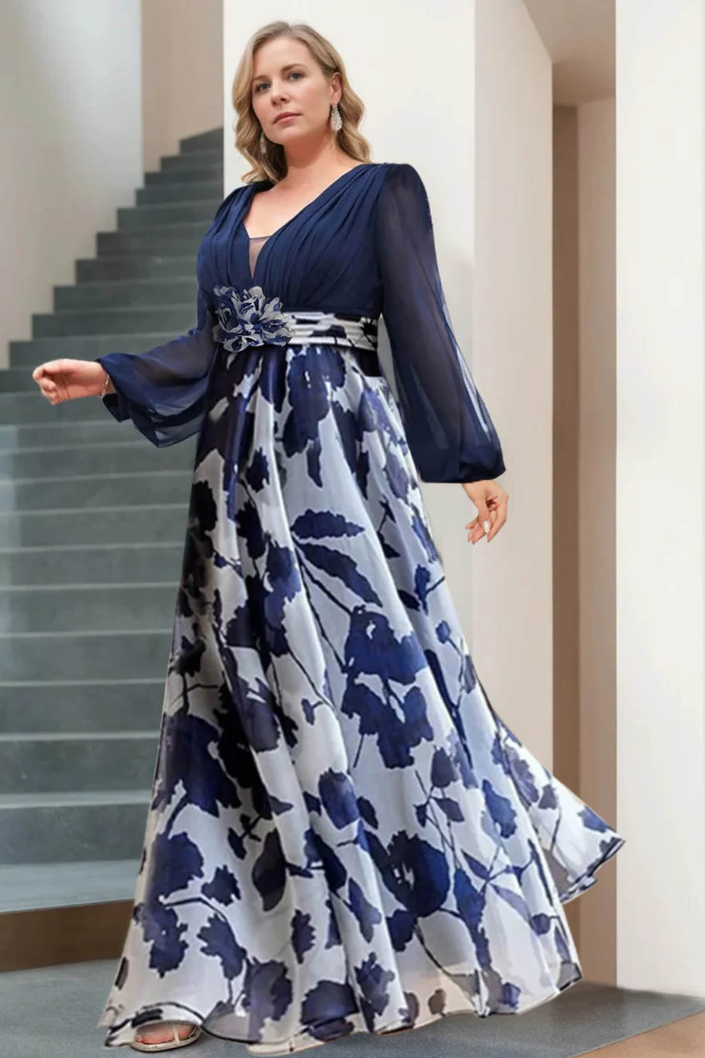 V Neck Floral Print Maxi Dress with Balloon Sleeves for Wedding Guests