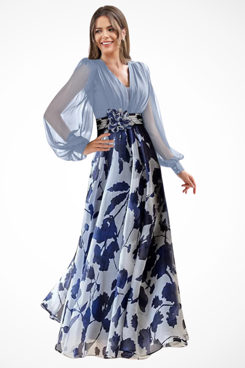 V Neck Floral Print Maxi Dress with Balloon Sleeves for Wedding Guests