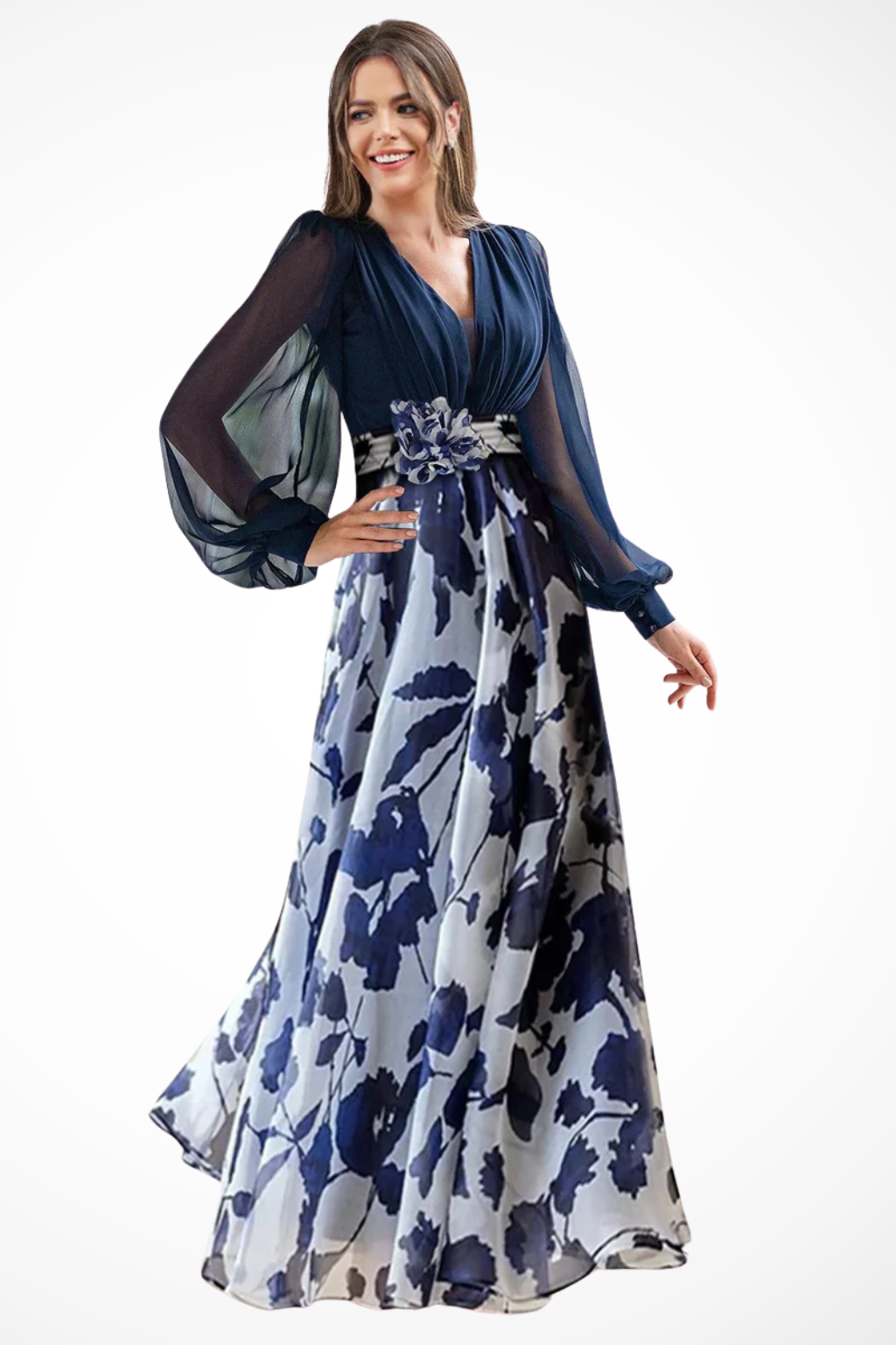 V Neck Floral Print Maxi Dress with Balloon Sleeves for Wedding Guests