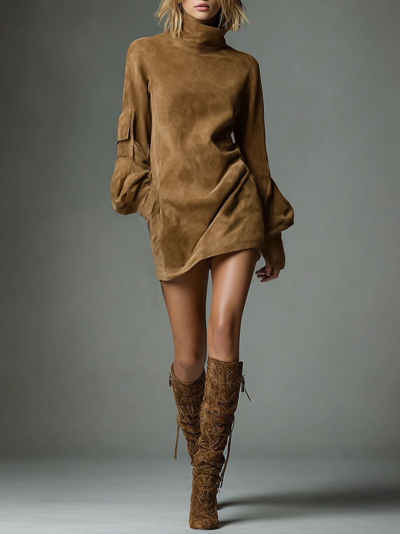 Vintage Suede Turtleneck Mini Dress for Women - Loose Fit, Casual Style