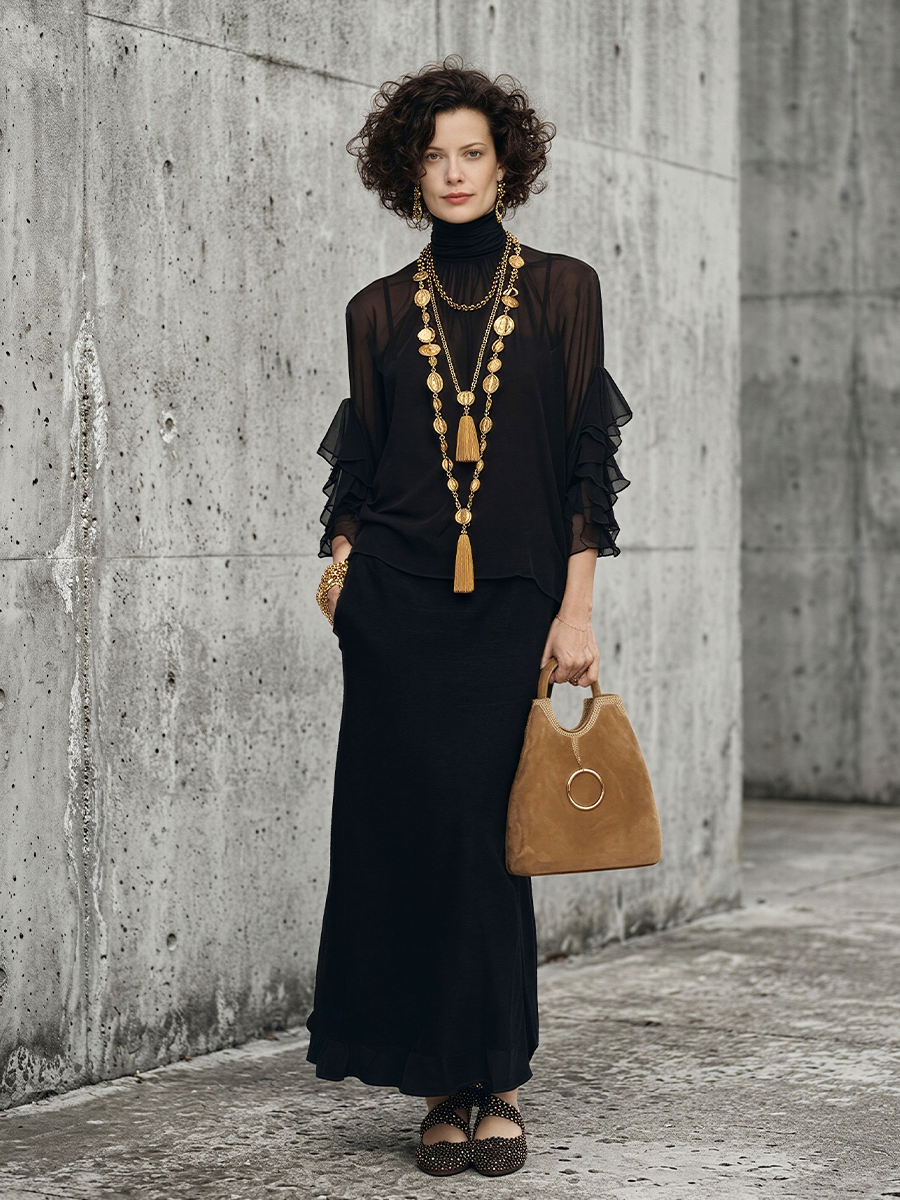 Women's Black Chiffon Cotton-Blend Layered Set with Ruffle Details - Casual Outfit