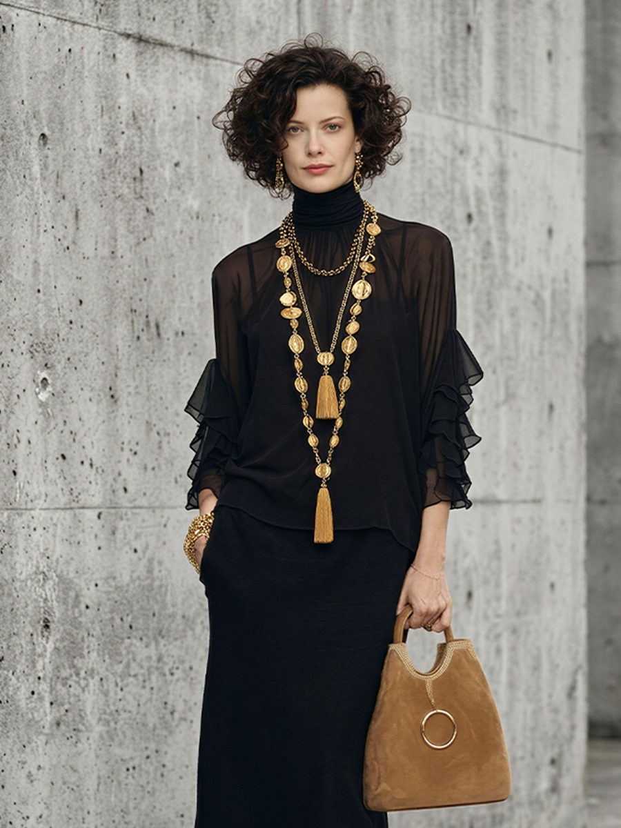 Women's Black Chiffon Cotton-Blend Layered Set with Ruffle Details - Casual Outfit