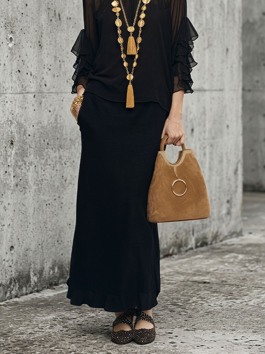 Women's Black Chiffon Cotton-Blend Layered Set with Ruffle Details - Casual Outfit