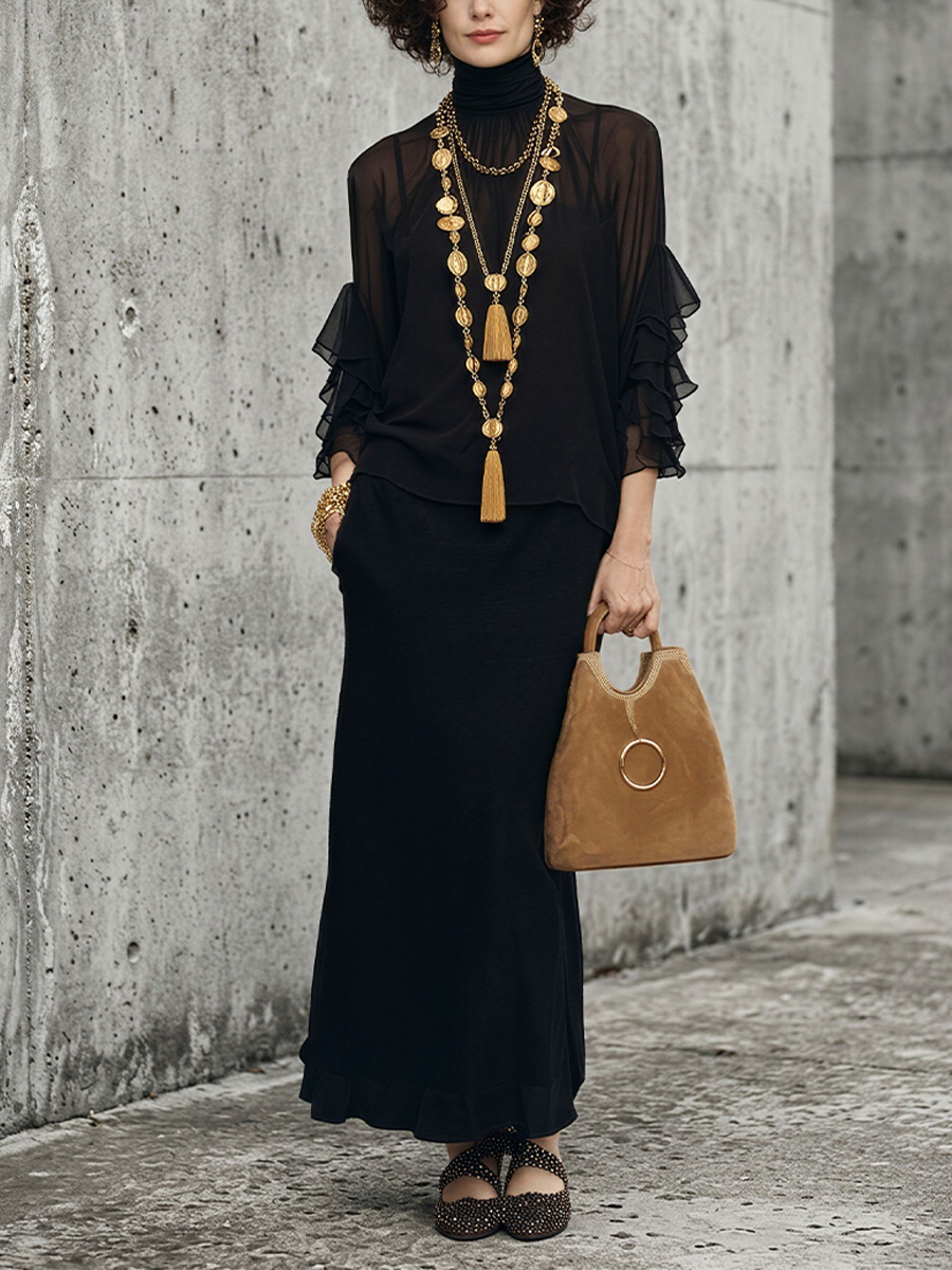 Women's Black Chiffon Cotton-Blend Layered Set with Ruffle Details - Casual Outfit