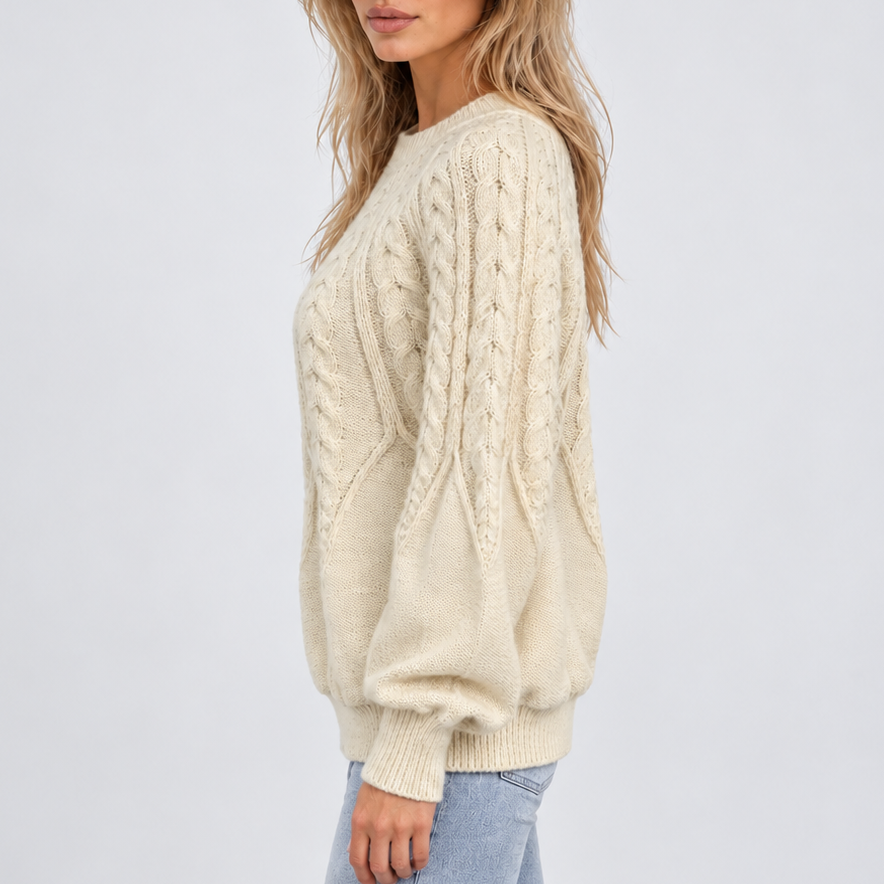 Women’s Cable Knit Sweater with Balloon Sleeves – Casual, Office