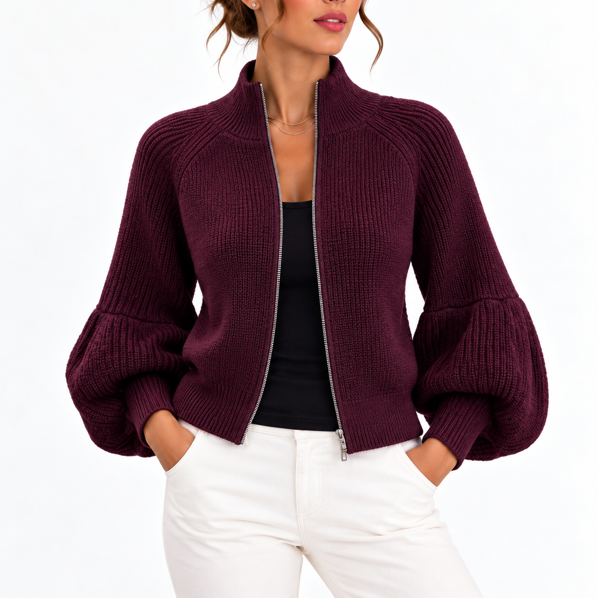 Women’s Cropped Knit Cardigan with Puff Sleeves – Casual, Office