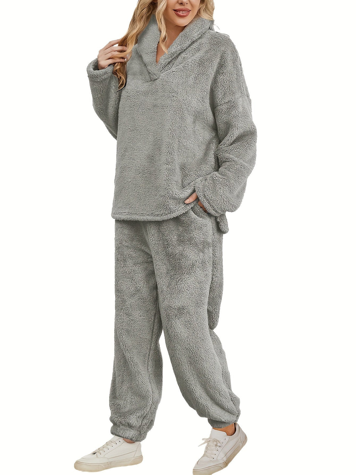 Women's Fleece Loungewear Set with Shawl Collar Hoodie & Trousers – Casual, Relaxing