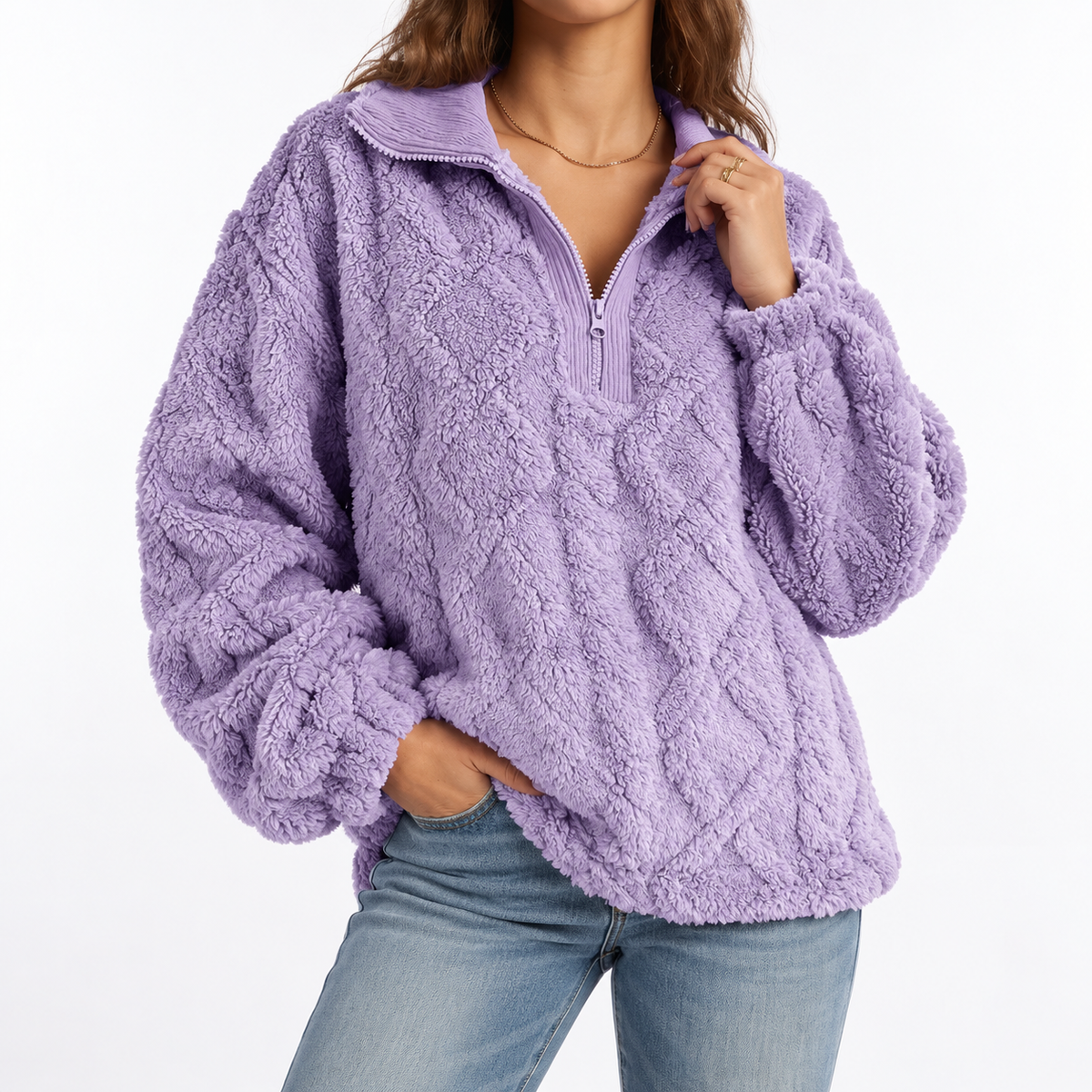Women's Fleece Pullover – Textured, Quarter Zip – Casual, Everyday Wear