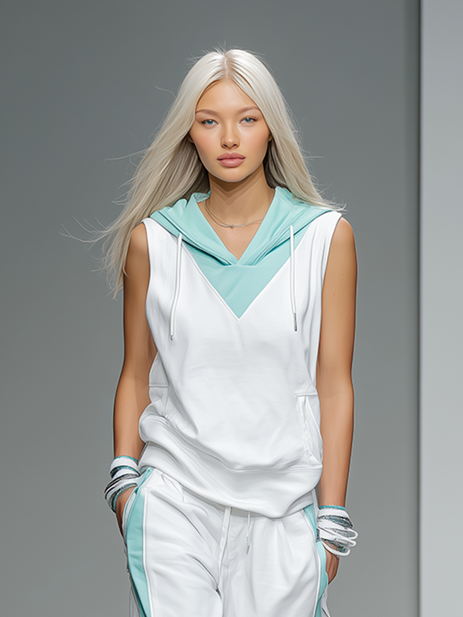 Women's Hooded Tracksuit in White and Teal - Comfortable Athleisure Set
