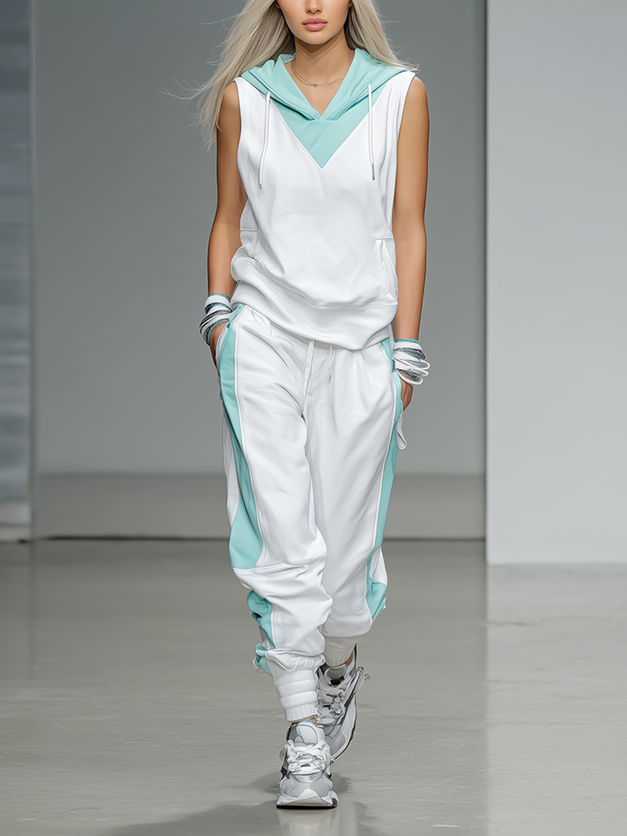 Women's Hooded Tracksuit in White and Teal - Comfortable Athleisure Set