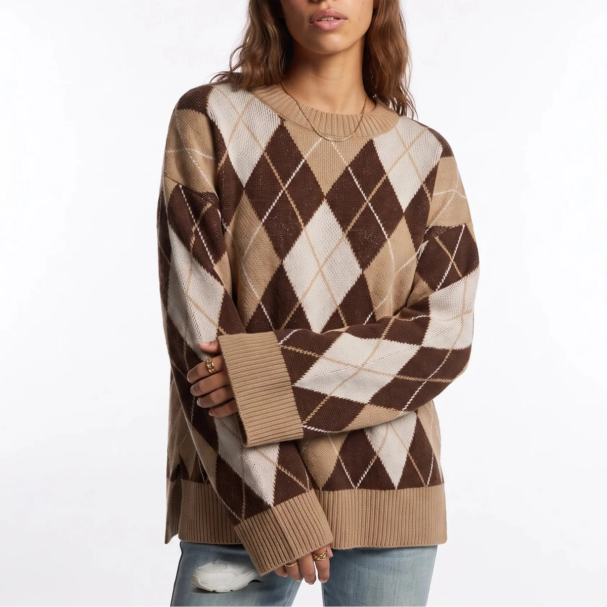 Women’s Knit Jumper – Diamond Pattern, Round Neck, Long Sleeve – Casual, Everyday Wear