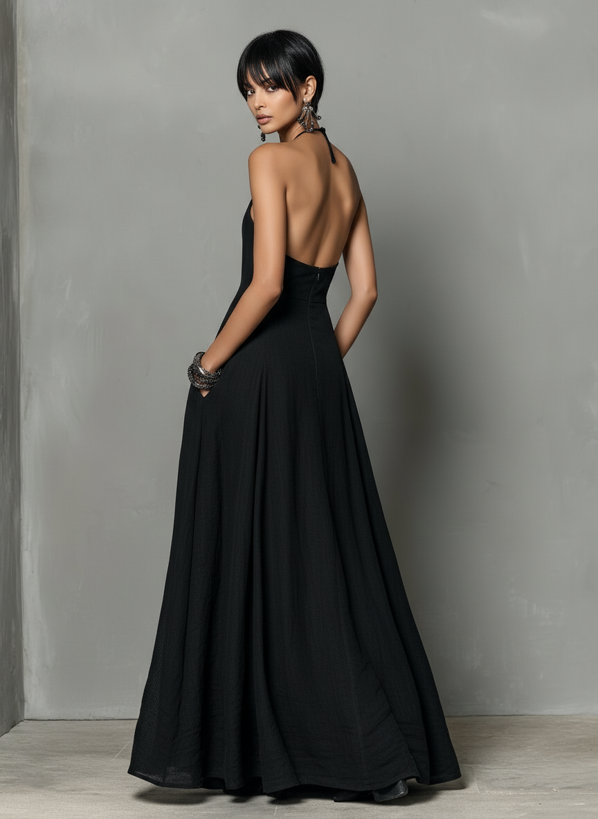 Women's Linen Blend Halter Neck Maxi Dress - Sleeveless Summer Style