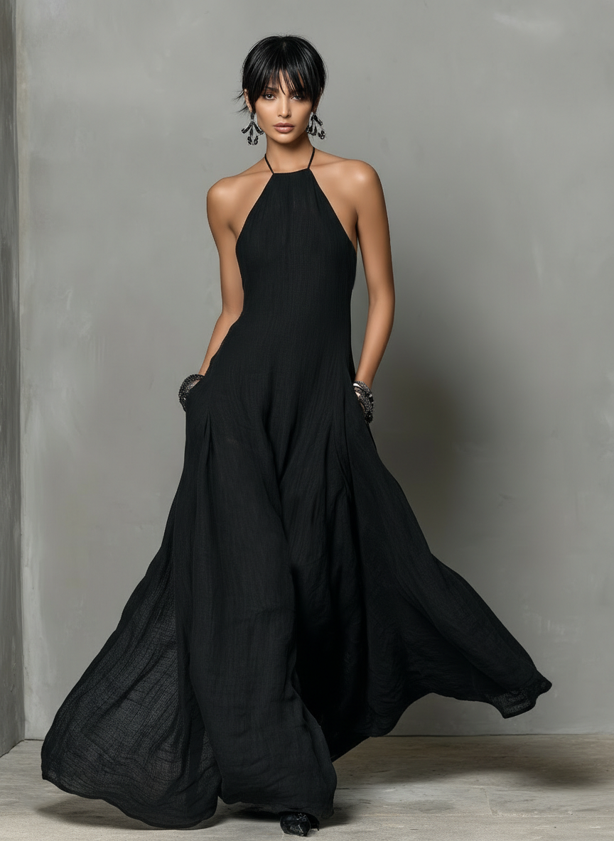 Women's Linen Blend Halter Neck Maxi Dress - Sleeveless Summer Style