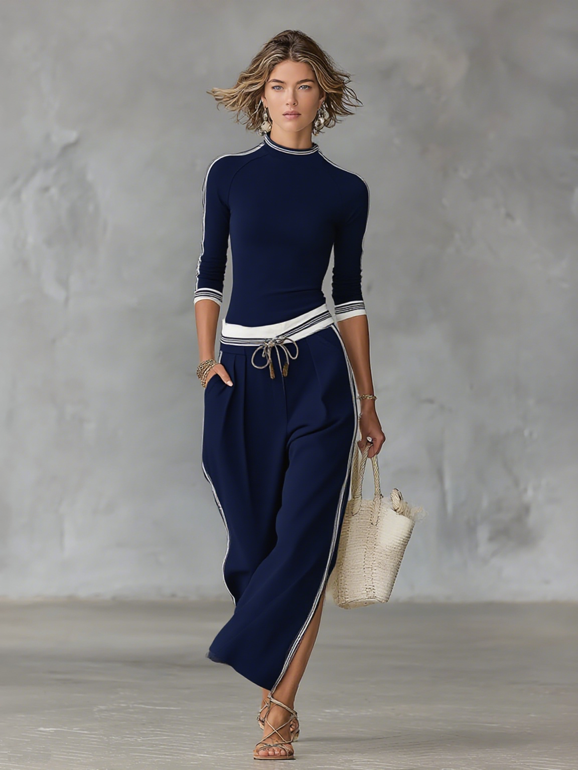 Women's Long-Sleeve Sports Set with Half-High Neck and Drawstring Pants