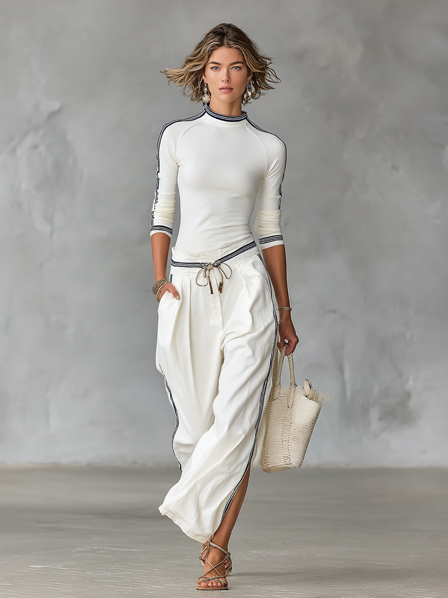 Women's Long-Sleeve Sports Set with Half-High Neck and Drawstring Pants