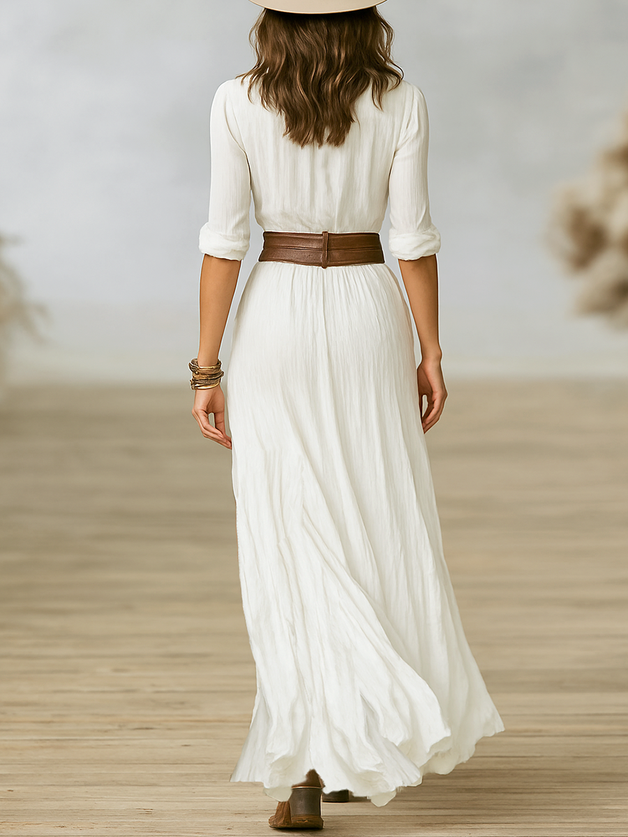 Women's Pleated Maxi Dress in Imitation Cotton and Linen, Long Sleeves