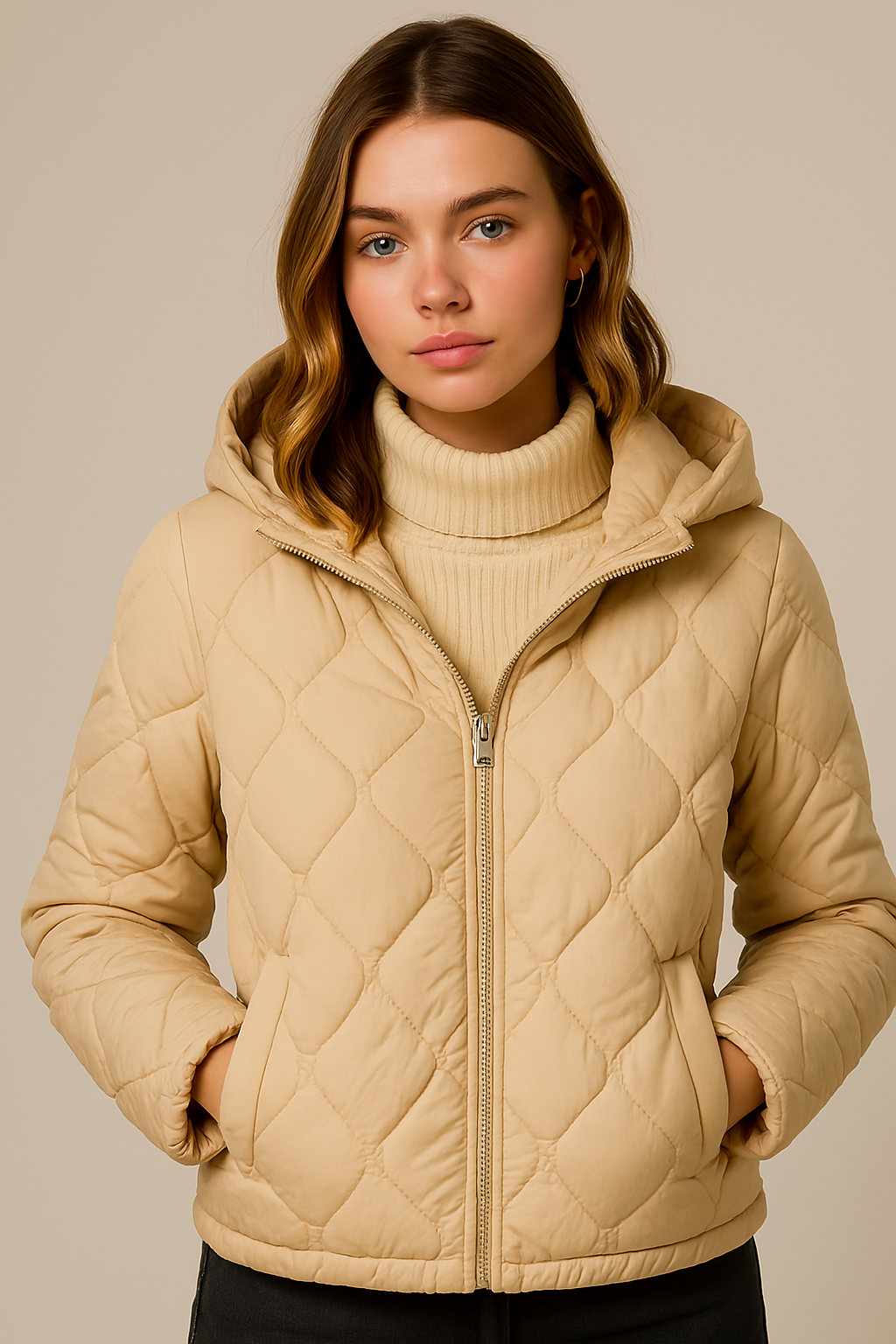 Women's Quilted Puffer Jacket - Insulated Warmth - Casual Outerwear for Cold Weather Beige