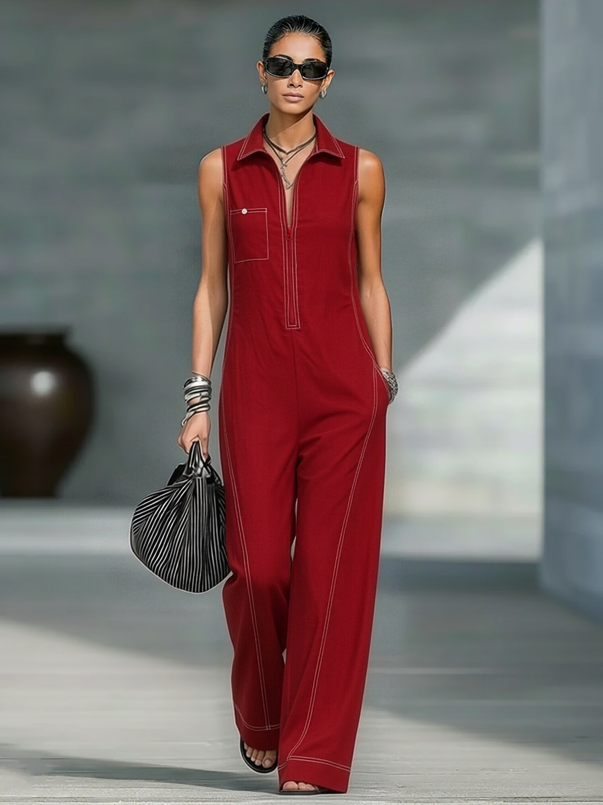 Women's Sleeveless Minimalist Jumpsuit with White Trim for Casual Wear
