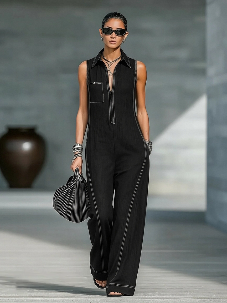 Women's Sleeveless Minimalist Jumpsuit with White Trim for Casual Wear